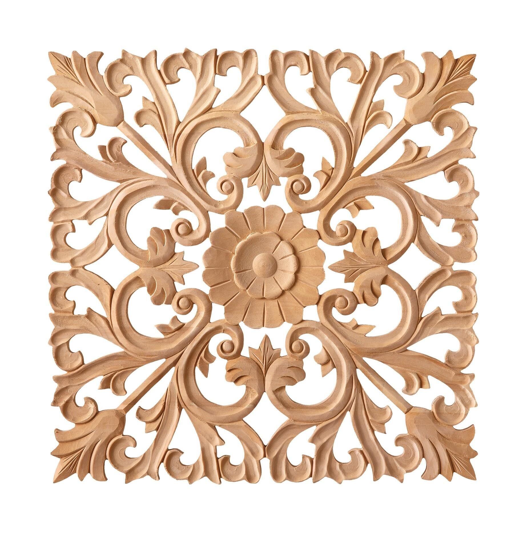 Aplik Orta Göbek Boyanabilir Ahşap Desenli İşlemeli Dekoratif Aksesuar 60x60x2 cm OGK03